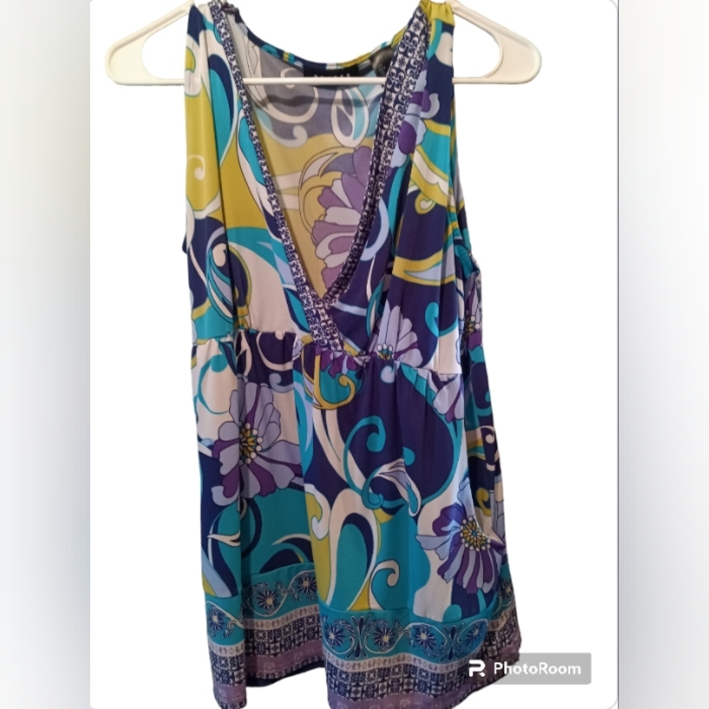 Access Stretch Colorful Flower Summer Tank Top NWOT
